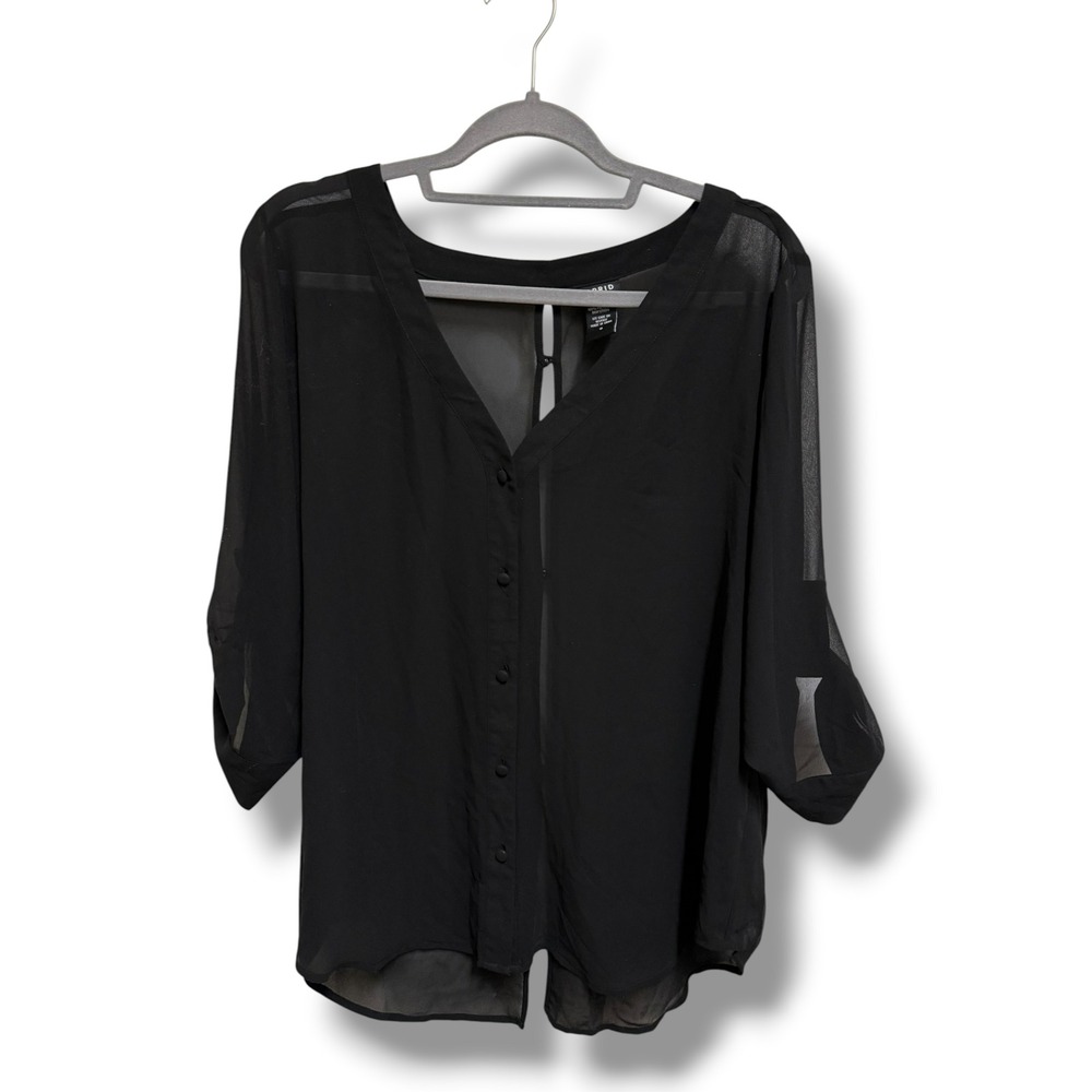 Torrid Womens Black Chiffon Sheer Button Down Split Back Roll Tab Blouse 0 12